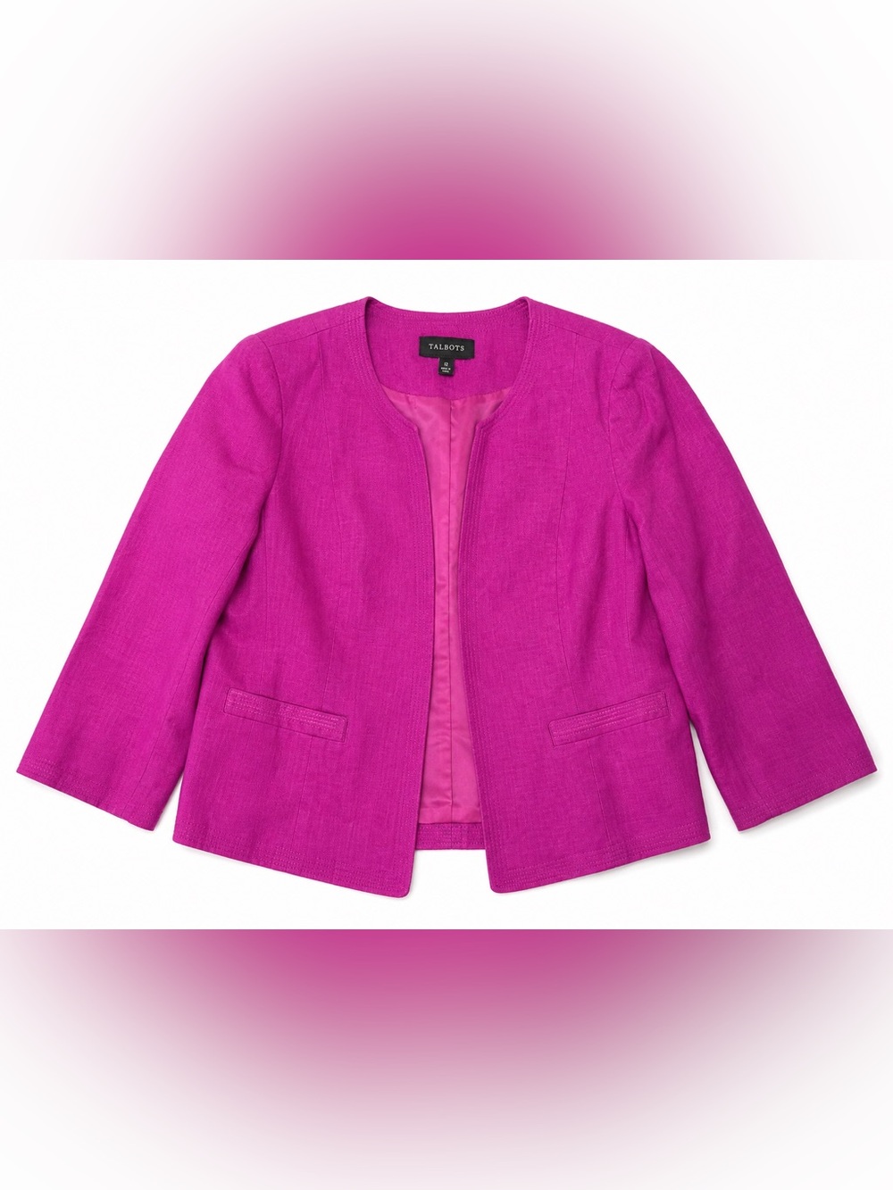Talbots 100% Linen Blazer Jacket Size 12 Magenta Pink Collarless 3/4 Sleeve
